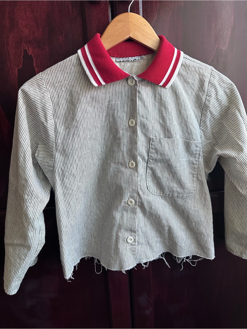 Vintage Pinstripe Button-Down Shirt with Red Polo Collar